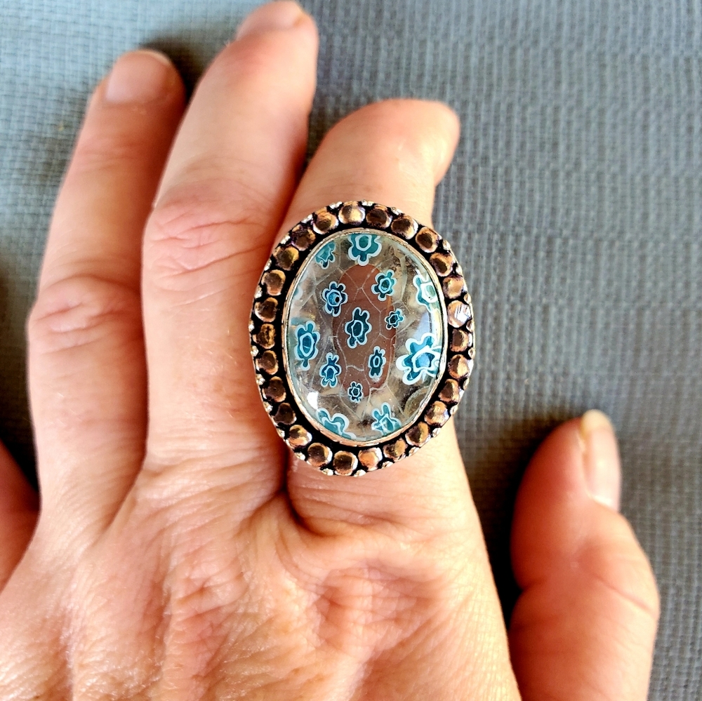 New Italian Murano Millefiori 925 Silver Ring.